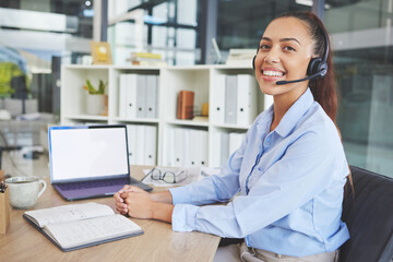 Poster - Call center, customer support and portrait of Latin woman at desk in corporate office on laptop, headset and smile. Receptionist, crm and friendly female consulting agent working in customer service