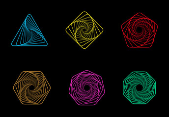 Wall Mural - Set of twisted futuristic spirals. Collection of wavy fractals. Abstract wireframe linear tunnels. Technology graphic spiral. Vector illustration for website.