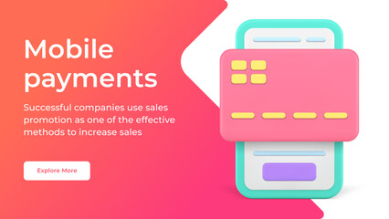 Poster - Mobile phone payments credit card contactless transaction banking application social media banner 3d icon vector illustration. Internet bank financial account control shopping order purchase transfer