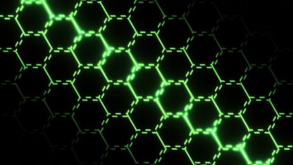 Poster - Abstract background with animation moving of dark surface with glowing track of energy. Motion. Technological backdrop with grid surface with neon stripes.