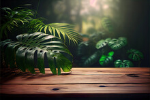 Misty Jungle Background With Empty Wooden Table For Product Display, Bokeh Lights, Green Foliage, Copy Space