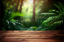 Misty Jungle Background With Empty Wooden Table For Product Display, Bokeh Lights, Green Foliage, Copy Space