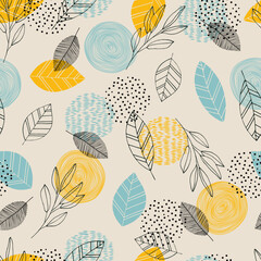 Wall Mural - Scandinavian hand drawn seamless pattern with leaves and dots. Minimalistic nordic style. Vector illustration. Cute botanical elements. Great for textile, decor and printed products.