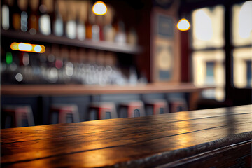 pub background with empty wooden table for product display, indoor blurred background, bokeh lights, copy space