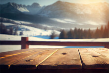 Outdoor Winter Background With Empty Wooden Table For Product Display, Blurred Winter Landscape Background, Copy Space