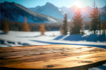 Wall Mural - Outdoor winter background with empty wooden table for product display, blurred winter landscape background, copy space