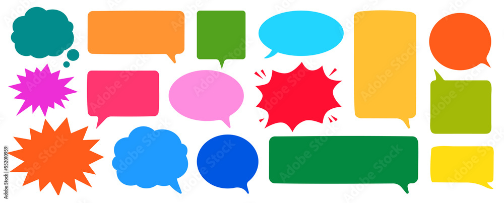 flat speech bubble and dialogue set vector. Colorful chat text doodles ...