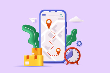 Poster - Delivery tracking concept 3D illustration. Icon composition with mobile app interface with pins at map route, parcels boxes and clock. Fast shipping service. Illustration for modern web design