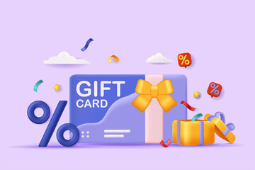 Aufkleber - Shopping gift certificate concept 3D illustration. Icon composition with card with bow, gift box and discounts on purchases. Loyalty program and bonuses. Illustration for modern web design