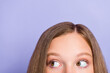 Close up cropped photo of funky pretty girl look empty blank space banner isolated on purple color background