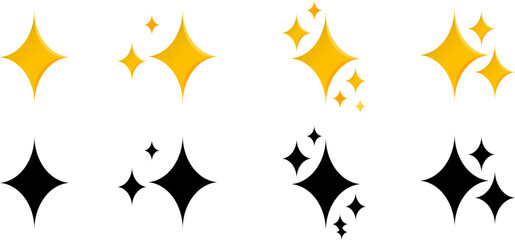 Wall Mural - Set of sparkles star icons.Christmas star icon.Star png.Bright firework.Light icon set.Flash,shine sparkle icon,glare,blink star.Black and yellow star icons isolated on white background.