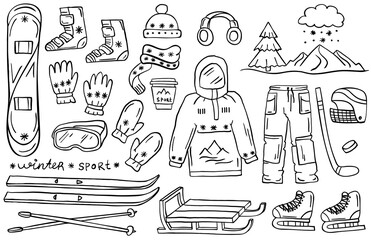 Set of winter sports and extreme equipment isolated on white. Skis, sleds, skates, snowboard. Coloring book, coloring page. Vector illustration.