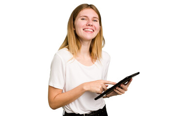 Young caucasian woman using a tablet isolated