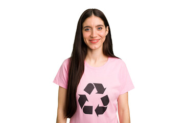 Wall Mural - Young caucasian woman wearing a recycling t-shirt isolated happy, smiling and cheerful.