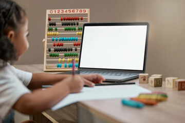 Poster - Child, blank laptop and homework for distance learning and online education during math lesson. Abacus, pc and elearning with a little girl streaming her internet class for mathematics and writing