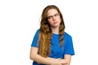 © Asier - Young caucasian redhead woman isolated unhappy looking in camera with sarcastic expression.