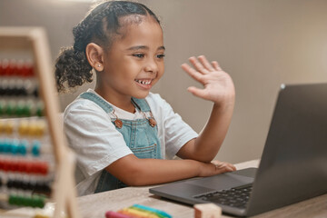 Aufkleber - Wave, laptop or girl elearning math for education, child development or knowledge in online class at home. Smile, kid or happy kindergarten student ready for assessment test or studying on video call