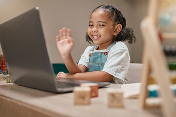Poster - Child, waving or laptop video call for homeschool education, e learning support or lockdown class in house or home living room. Smile, happy or greeting hand gesture for student on technology webinar