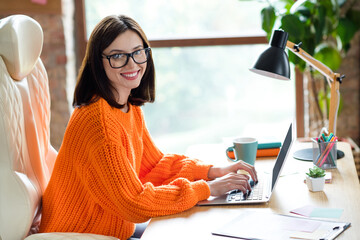 Poster - Profile side photo of charming lady expert administrator assistant e codding program system macbook sitting modern workplace indoors