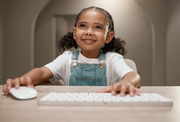 Poster - Online education, elearning and girl on computer with a smile ready for digital knowledge. Web learning, kindergarten development and kid on online course training and learning on the internet