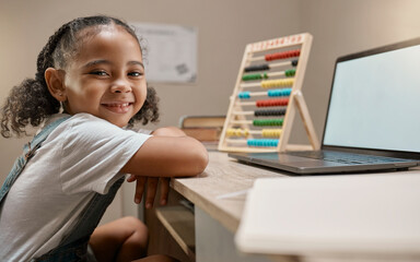 Poster - Laptop, mockup or girl learning math at home via elearning or online class for numbers education or knowledge. Happy, portrait or child studying for assessment test on pc screen with marketing space