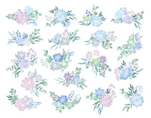 Wall Mural - Blue Flowers Bouquet and Floral Tender Composition Big Vector Set