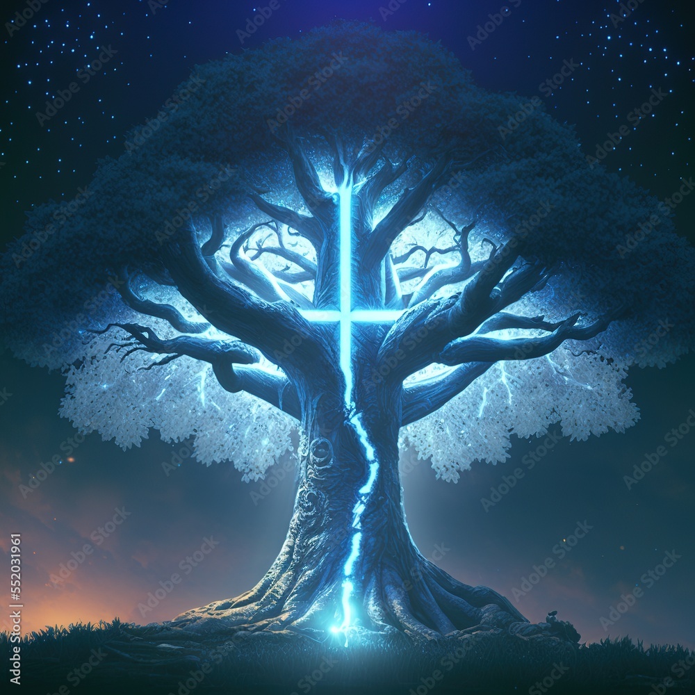 Big Realistic Ancient Tree Shining With Bright Blue Light In The Dark Showing The Beauty Of Nature Glow Ornaments Deep Learning 3d Illustration