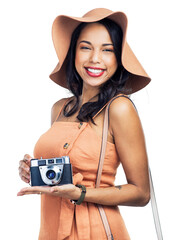 Wall Mural - PNG studio shot of a beautiful young woman holding a camera while standing 