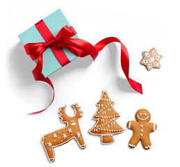 Wall Mural - christmas composition with isolated christmas gift box, sweet candy, ginger men with real transparen