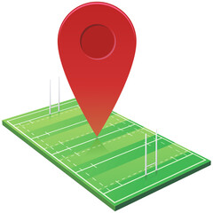 3d rugby field in grass with its white markings and its goal posts on which a red geolocation pointe