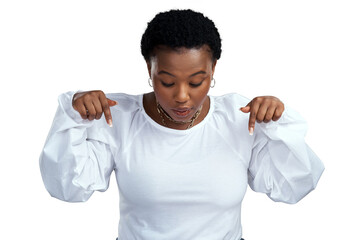 png shot of a young woman pointing down while standing.