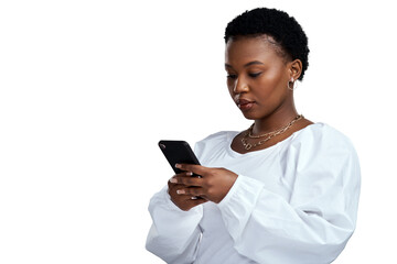 png shot of a young woman using her cellphone while standing.