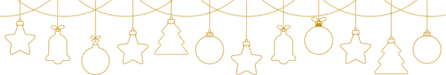 Fototapete - Christmas ball golden line icon.Set of simple golden christmas balls.Holiday christmas decoration.Christmas and New Year seamless banner or border.