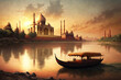 Sunset over the famous Taj Mahal complex in Agra, India, with the Yamuna River and boats. Generative AI