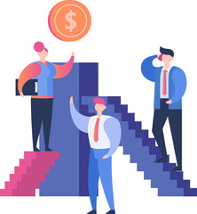 Wall Mural - Earn money concept, business, people, success and financial fortune vector illustration. Happy businessman on stairs up to money, wealth.