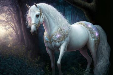 Wall Mural - Magic white horse  in fairy forest. Spirit of the forest. Digital art	
