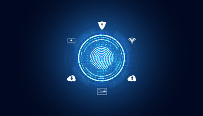 Wall Mural - Abstract Fingerprint Scanning Encryption to login Cyber security icons on blue background modern futuristic
