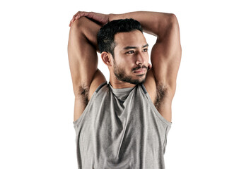 PNG studio shot of a muscular young man stretching his arms.