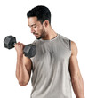 PNG studio shot of a muscular young man exercising with a dumbbell.