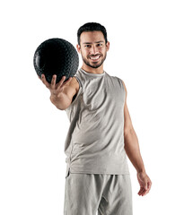 Wall Mural - PNG studio portrait of a muscular young man holding an exercise ball.