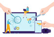 © Vectorwonderland - Device repair service concept, vector illustration, flat tiny man woman people character use mobile, laptop technology, huge hands fix