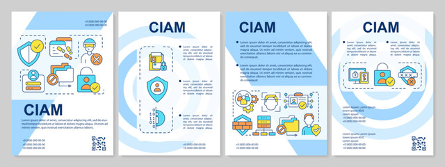 Customer identity and access management blue brochure template. Leaflet design with linear icons. Editable 4 vector layouts for presentation, annual reports. Arial, Myriad Pro-Regular fonts used