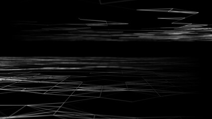 Poster - Wave of digital particles on a black background. Abstract interlacing lines and points. Digital connection of elements. Simulation of the movement of small particles. 3D rendering.