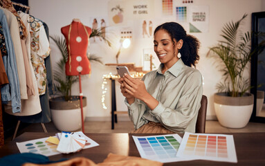 Poster - Creative, fashion or designer woman with phone in office for design, communication or networking smile. Startup, small business or employee with smartphone for social media, web content or blog app