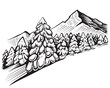 Vector illustration of snowy mountains with fir forest. Black and white landscape.