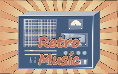 Wall Mural - Old retro vintage poster with music cassette tape recorder with magnetic tape babbin on reels and speakers from the 70s, 80s, 90s the background of the brown rays of the sun. Vector illustration