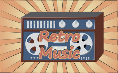 Wall Mural - Old retro vintage poster with music cassette tape recorder with magnetic tape babbin on reels and speakers from the 70s, 80s, 90s the background of the brown rays of the sun. Vector illustration