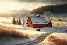 Winter Golden Hour Landscape With Snow Forest Mountain River Beautiful Scenic Generative AI