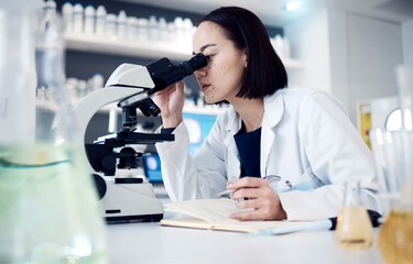 Science, microscope and writing with a doctor woman doing research in her laboratory for innovation. Healthcare, zoom and notebook with a female scientist working in a lab for medical development