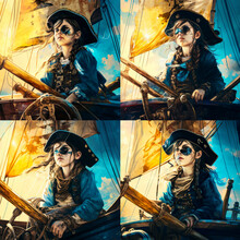 Girl Pirate On A Pirate Ship In The Sunlight, In The Style Of The Artist Pablo Picasso, In Hyper Realism With Gold And Blue Hues